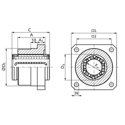 Linearlagereinheit KG-3-FST ISO-Reihe 3 mit Linear-Kugellager mit Stahlmantel beidseitig abgedichtet für Wellen-Ø 16mm, Technische Zeichnung