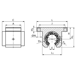 Linearlagereinheit KG-3-KO ISO-Reihe 3 mit Easy-Line Linear-Kugellager für Wellen-Ø 12mm offene Ausführung, Technische Zeichnung