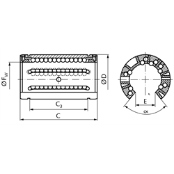 Offene Linearkugellager KB-3-O ISO-Reihe 3 Premium mit Deckscheiben für Wellen-Ø 12mm, Technische Zeichnung