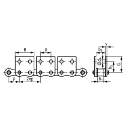 Flachlaschen-Rollenkette 08 B-1-M2, 2xp mit beidseitigen breiten Flachlaschen mit 2 Befestigungsbohrungen am Aussenglied im Abstand 2xp , Technische Zeichnung