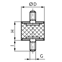 Metall-Gummipuffer MGP Durchmesser 25mm Höhe 20mm Gewinde M6x18 , Technische Zeichnung