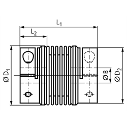 Metall-Balgkupplung MBL lange Ausführung beidseitig Bohrung 14mm Gesamtlänge 71,4mm Nabendurchmesser 37,4mm , Technische Zeichnung