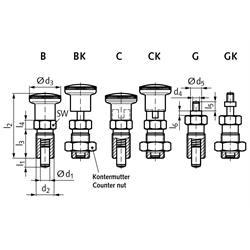 Rastbolzen 817 Form GK Bolzendurchmesser 5mm Edelstahl 1.4305 , Technische Zeichnung