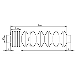 Faltenbalg FBM aus Molerit Baugröße 2 D1=39mm Da=78mm L min=70mm L max=390mm Hub max=310mm ohne Schellen, Technische Zeichnung