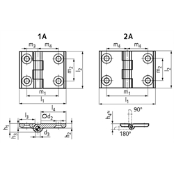 Scharnier M237L aus Edelstahl 1.4308, Form 1A, 90x60mm, Technische Zeichnung