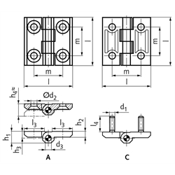 Scharnier M237 aus Edelstahl 1.4408, Form A, 40x40mm, Technische Zeichnung