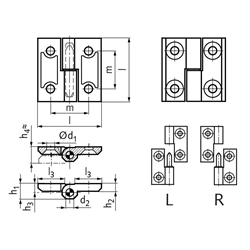 Scharnier M337 aus Zink-Druckguss, aushängbar, Form R, 60x60mm, Technische Zeichnung