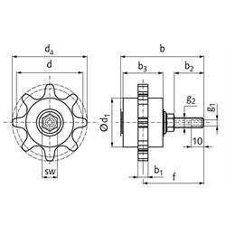 PU-Kettenschmierritzel DIN ISO 24 B-1 10 Zähne gleitgelagert Schmieranschluss axial, Technische Zeichnung