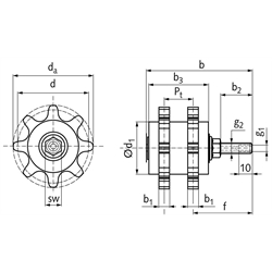 PU-Kettenschmierritzel DIN ISO 08 B-2 12 Zähne gleitgelagert Schmieranschluss axial, Technische Zeichnung