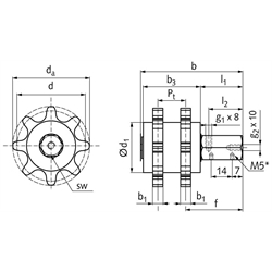 PU-Kettenschmierritzel DIN ISO 24 B-2 10 Zähne gleitgelagert Schmieranschluss radial, Technische Zeichnung