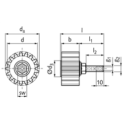 PU-Schmierzahnrad Modul 6 17 Zähne geradverzahnt Schmieranschluss axial, Technische Zeichnung