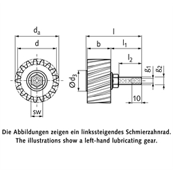 Schmierzahnräder, schrägverzahnt, Schmieranschluss axial, Technische Zeichnung