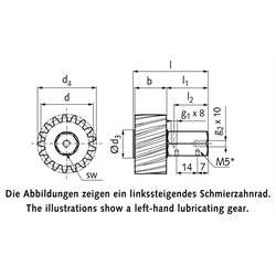 PU-Schmierzahnrad Modul 5 17 Zähne schrägverzahnt linkssteigend Schmieranschluss radial, Technische Zeichnung