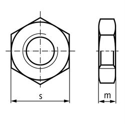 Niedrige Sechskantmutter ISO 4035 (DIN 439) Edelstahl A2 Festigkeit 035 Gewinde M10 rechts, Technische Zeichnung