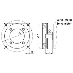 Motor-Adaption ZM/S Größe 50 bestehend aus Kupplung und Flansch mit Befestigungsschrauben für Wellen-Ø 19 x 40mm Zentrier-Ø 80mm Gewinde M6, Technische Zeichnung