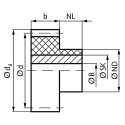 Stirnzahnrad aus Kunststoff PA12G weiß (naturfarben) mit Stahlkern Modul 2,5 70 Zähne Zahnbreite 25mm Außendurchmesser 180mm, Technische Zeichnung