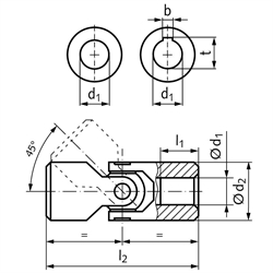 Präzisions-Wellengelenk WE DIN808 einfach Bohrung 6H7 Material Stahl Gesamtlänge 34mm Außendurchmesser 16mm, Technische Zeichnung