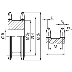 Doppel-Kettenräder ZRE für zwei Einfach-Rollenketten 10 B-1, Technische Zeichnung