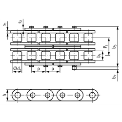 Zweifach-Rollenketten, mit geraden Laschen, Technische Zeichnung