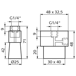 Schmierbürste 30 x 40 mm mit Schaumstoff G 1/4" Innengewinde mit Verschlussstopfen bis +80°C, Technische Zeichnung